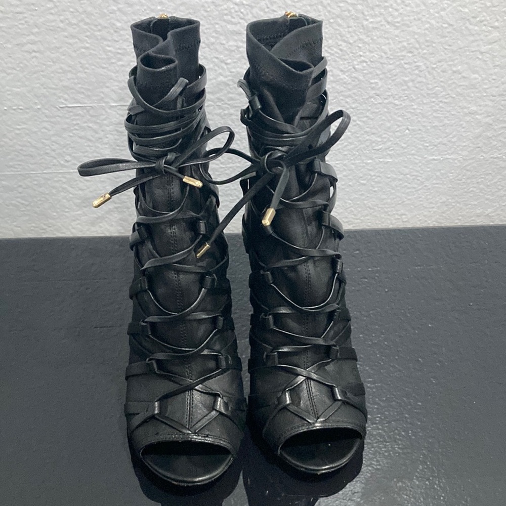 Black strap heel booties